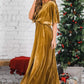 Summer Elegant Dress Gold Velvet Round Neck High Slit Evening Dress For Women