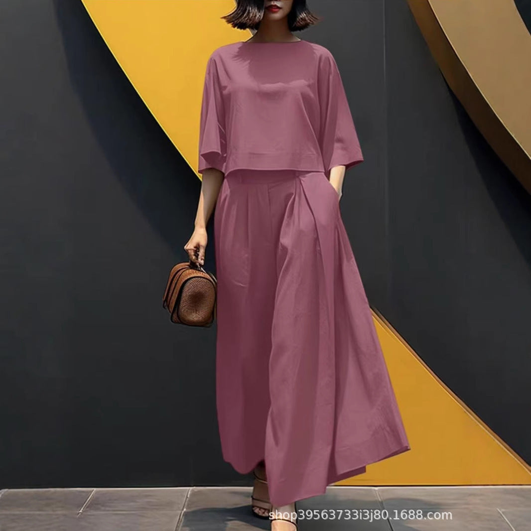 European And American Fashion Suit Solid Color Short Sleeve Loose Trousers Two-piece Set
