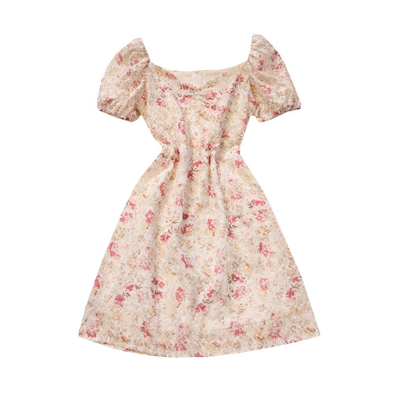 French Floral Dress Women's Tea Break Bellflower Skirt With Puff Sleeves