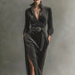 V-neck High Waist Solid Color Tie Slit Dress