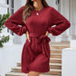 European And American Belt Long Sleeve Twist Knitted Dress Puff Sleeve