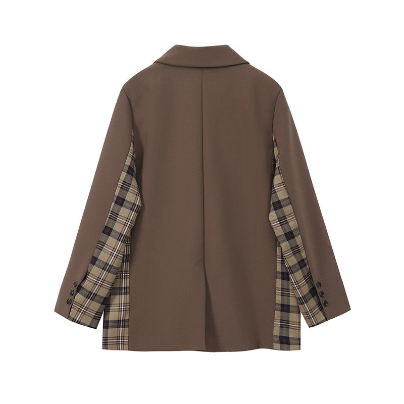 Stitching Plaid Brown Suit Loose Jacket