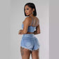 Women's Ins Pearl Drill Chain Denim Camisole Shorts