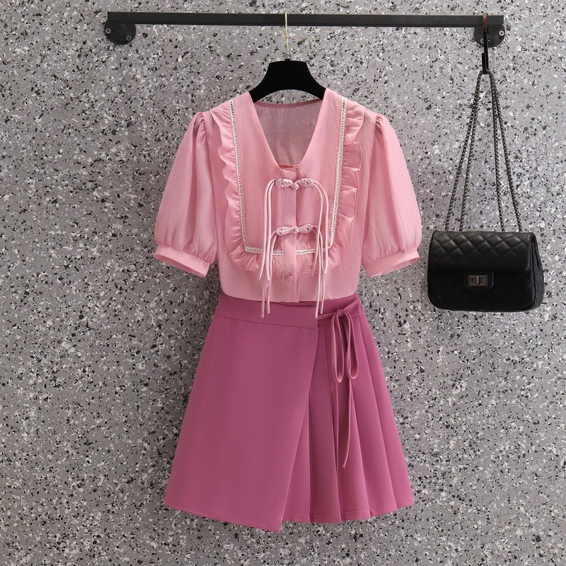 Ladies Irregular High Waist Pleated Skirt Suit