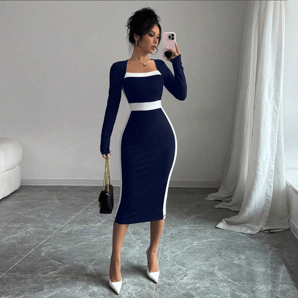 Women's Patchwork Color-block Long-sleeve Bodycon Dress