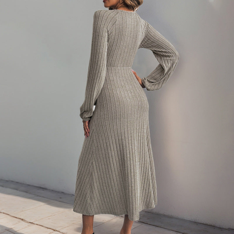 V-neck Solid Color Button Lace-up A- Hem Knitted Dress