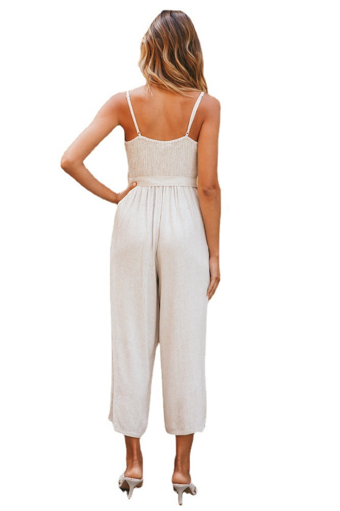 Casual Fashion V-Neck Suspender Solid Color Jumpsuit Women