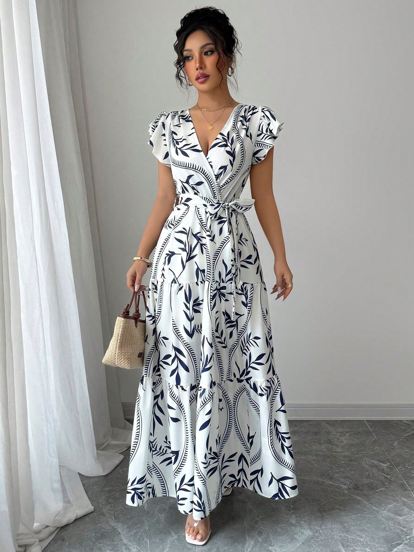 Lace-up Floral Short-sleeve Frilly Elegant A-line Skirt