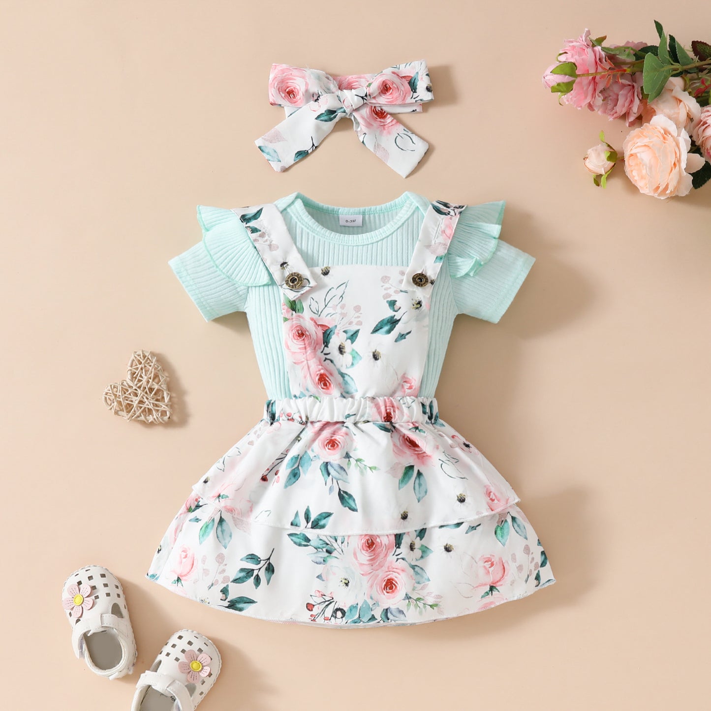 Ensemble jupe-jupe décontractée à manches courtes et bretelles pour bébé fille, motif floral et fruité, été