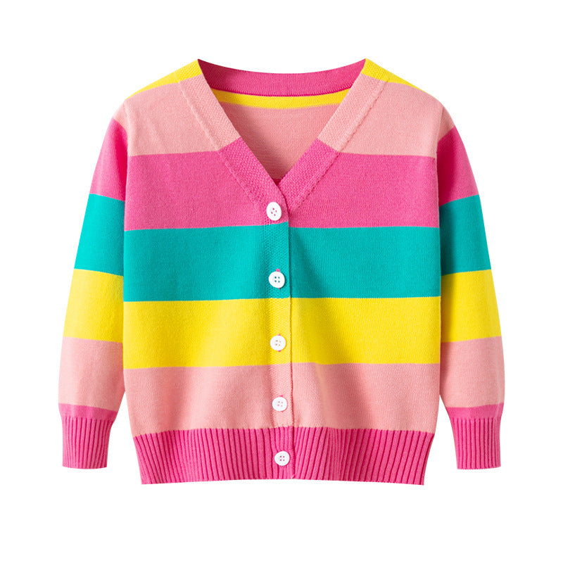 Children's Cotton Sweater Rainbow Striped Cardigan Knitted Coat