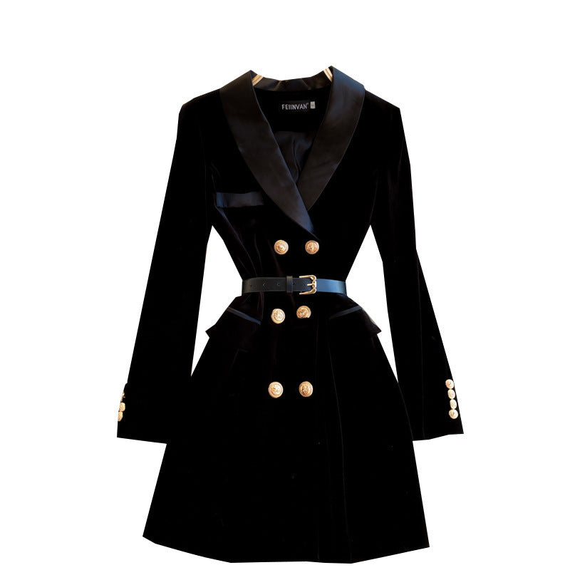 Robe en velours slim à col tailleur et double boutonnage pour femme