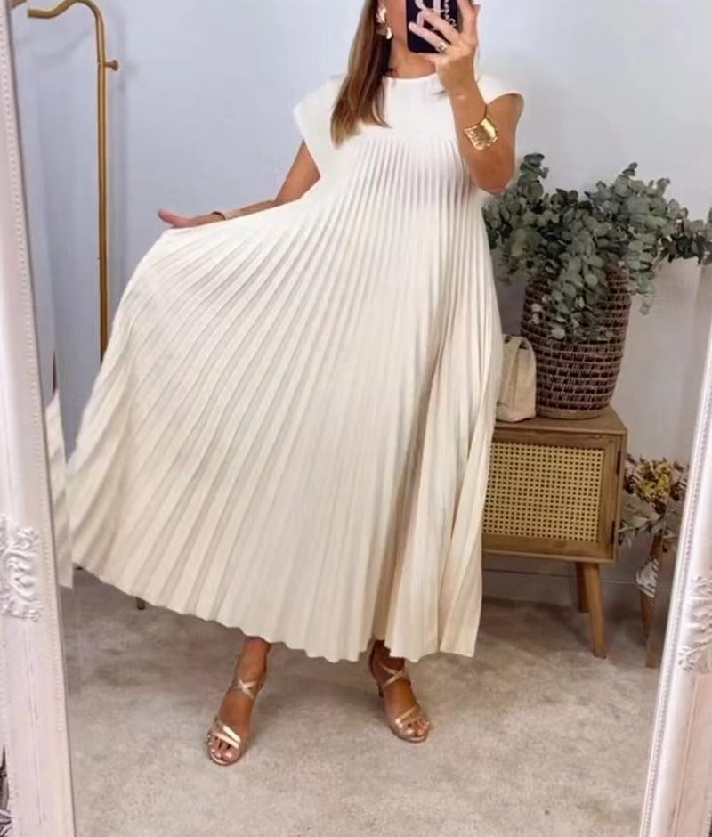 Robe longue plissée à manches courtes et col rond pour femme