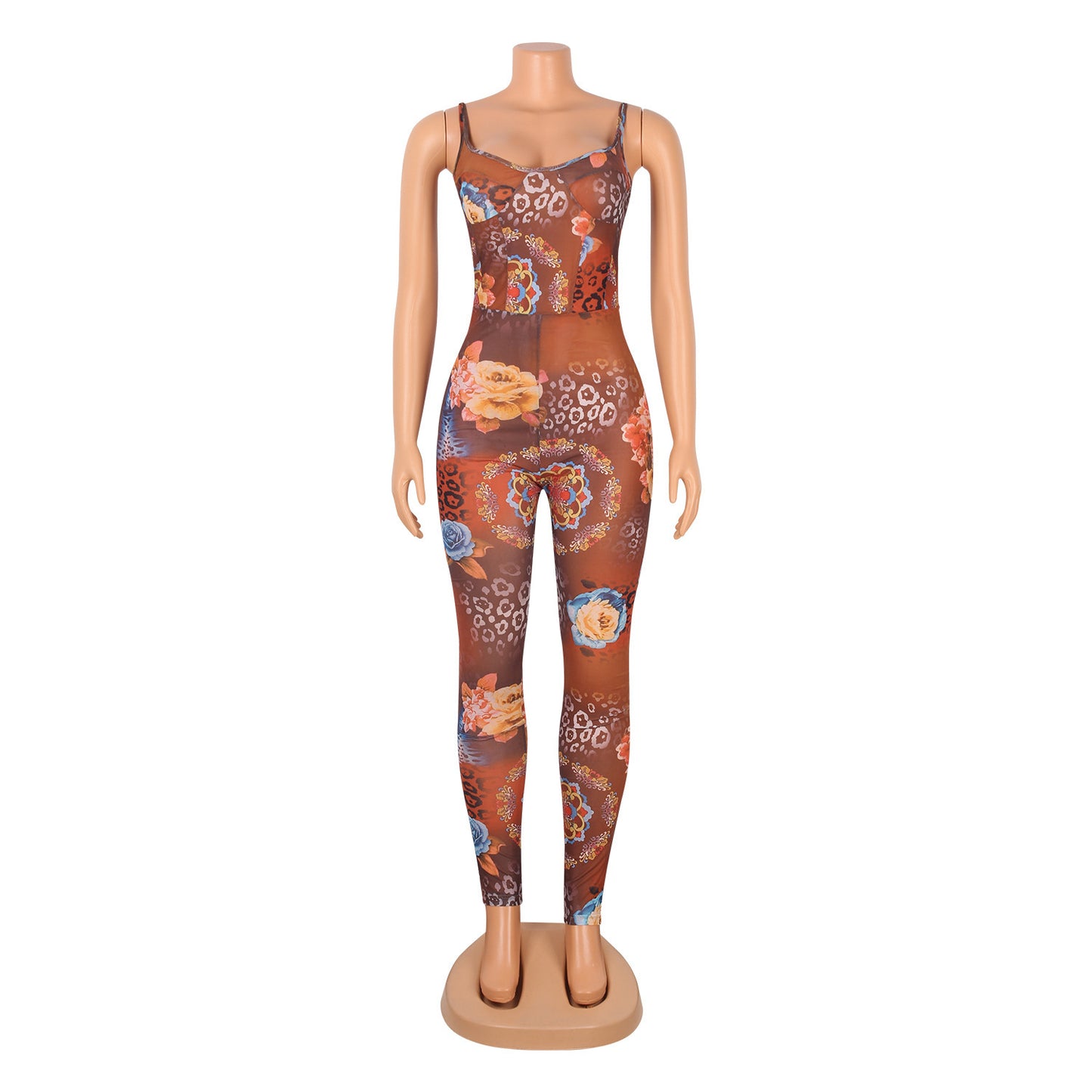 Suspender Mesh Printed Jumpsuit