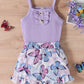 Cute Purple Strap Sunken Stripe Butterfly Shorts Two-piece Set
