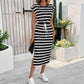 Womens Black And White Striped Split-Neck Casual Dress