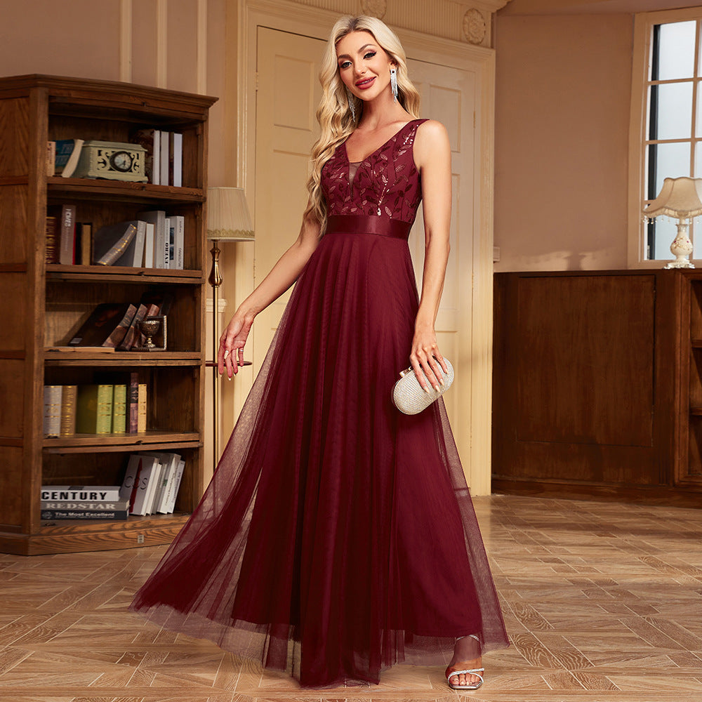 Robe de soirée patchwork extensible sans manches à double col en V