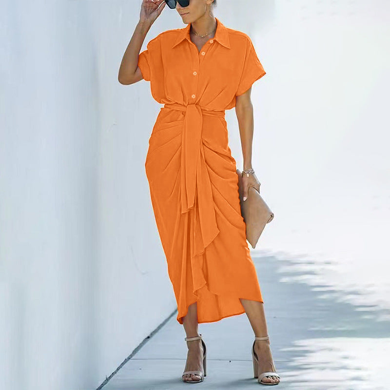 Robe pour femme, nouvelle robe élégante à col polo, mi-longue, manches courtes, simple boutonnage, taille haute