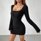 Women's Square-neck Ribbed Long-sleeve Slim-fit Solid-color Dress