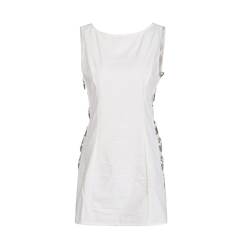 New Metal Decoration Seaside Vacation Style White Dress Female