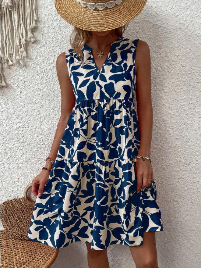 Robe bohème d'été à imprimé plissé et col en V, sans manches, pour femme