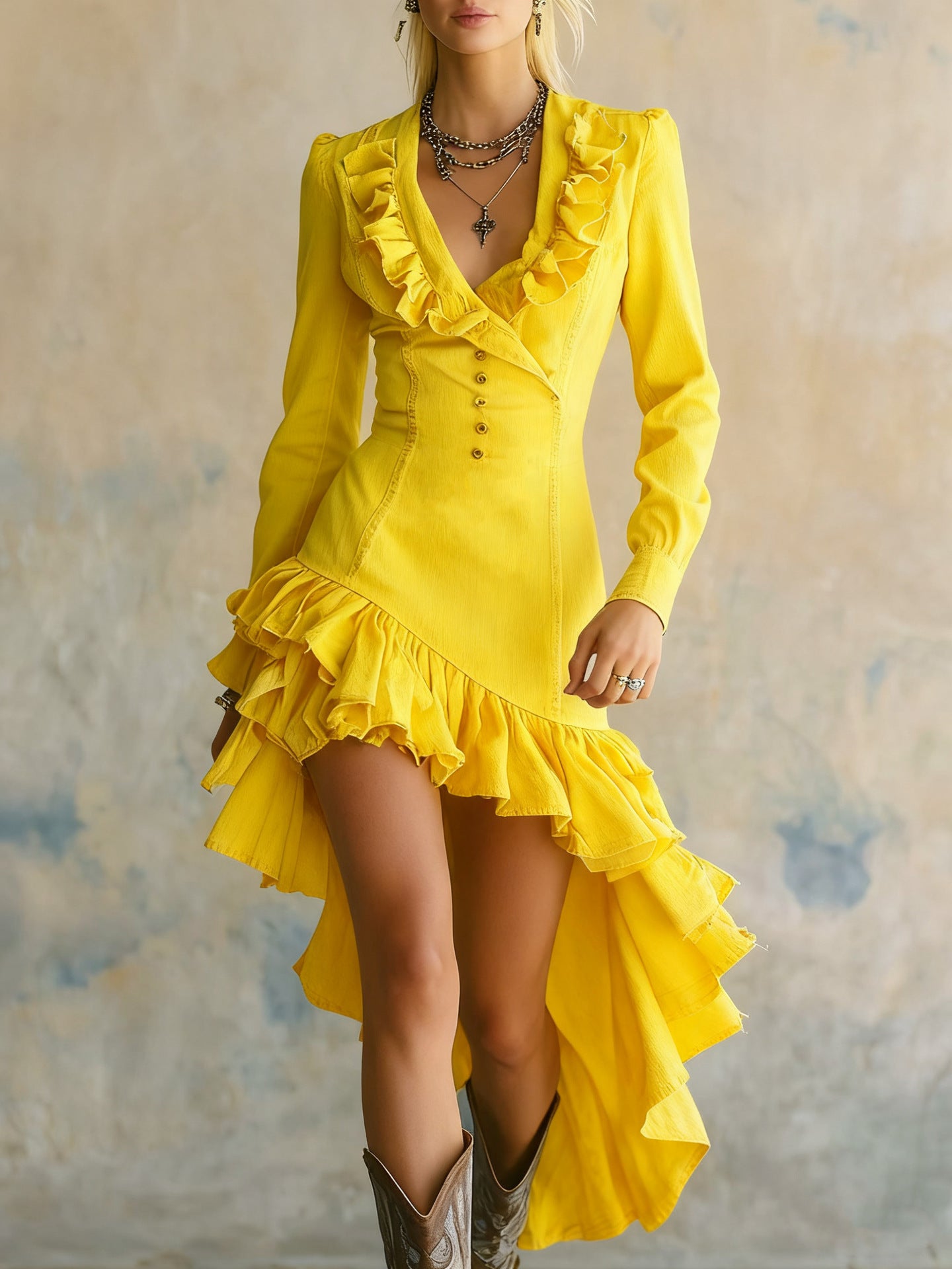 Ruffled No-wash Denim Fabric Dress