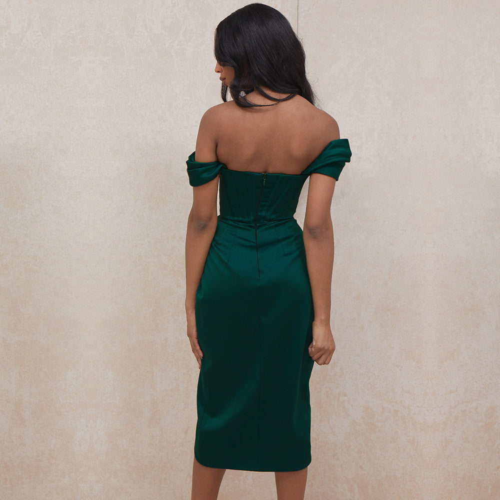 Temperament Split Fishbone Pattern Backless Off-shoulder Dress