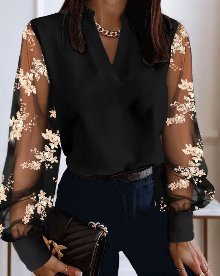 Chemise à manches longues et col en V pour femme