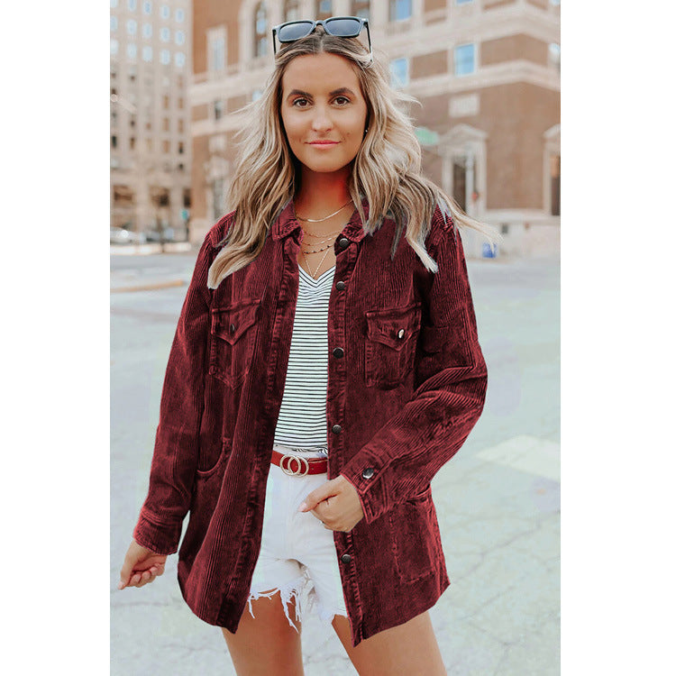 Women's Long Sleeve Solid Color Lapel Mid Shirt Jacket