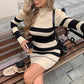 Casual Waist-Cinched Slim-Fit Two-Tone Striped Contrast-Color Sweater Dress For Women