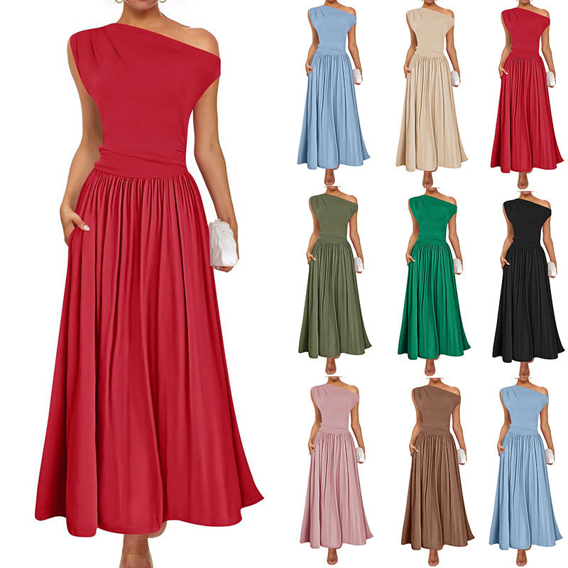 Slant Shoulder Waist Trimming Long With Pocket Dress