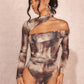 Long-sleeve Printed Sexy Off-shoulder Asymmetrical Halter Bodysuit