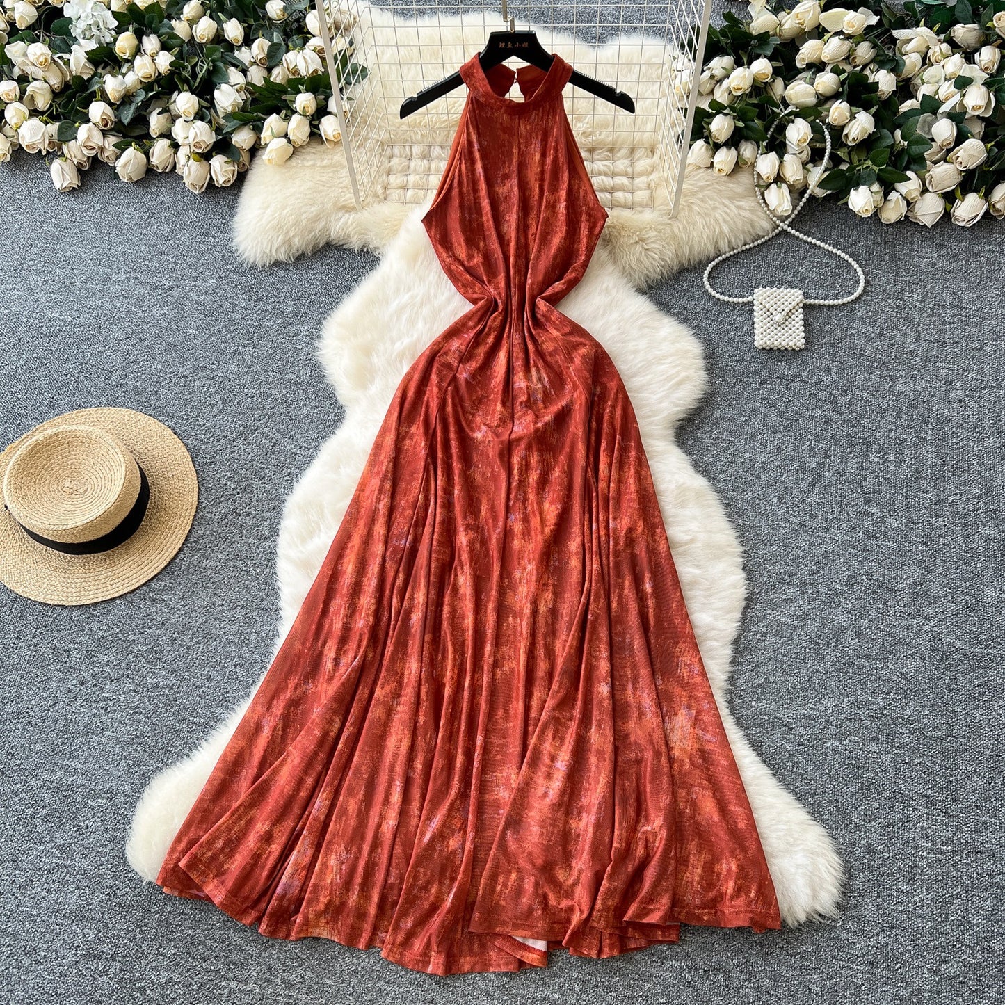 French Vintage Style High-grade Blooming Halter Sleeveless Dress