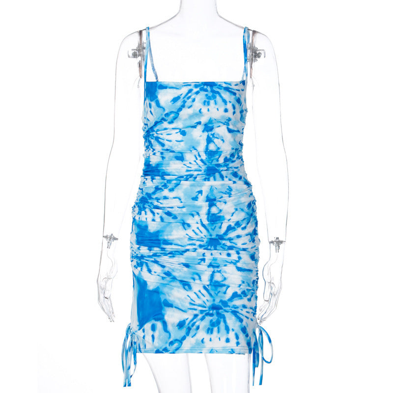 European And American New Product Personality Fashion Drawstring Sling Dress Women Autumn And Winter Print