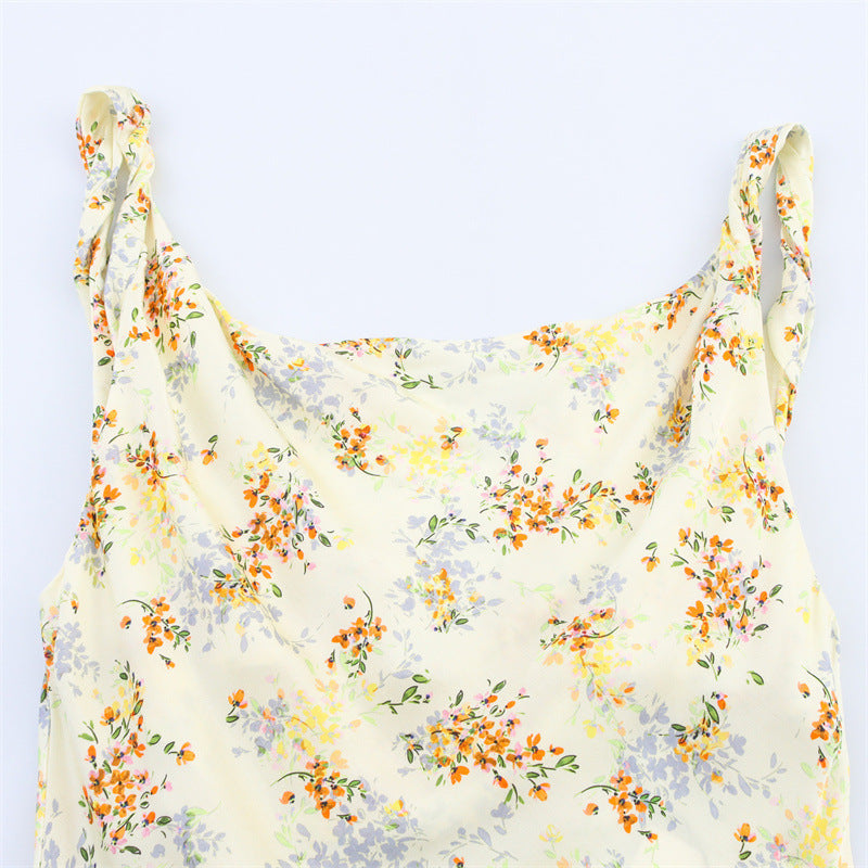 New Summer Ethnic Style Floral Silk Satin Texture Printing Slip Dress