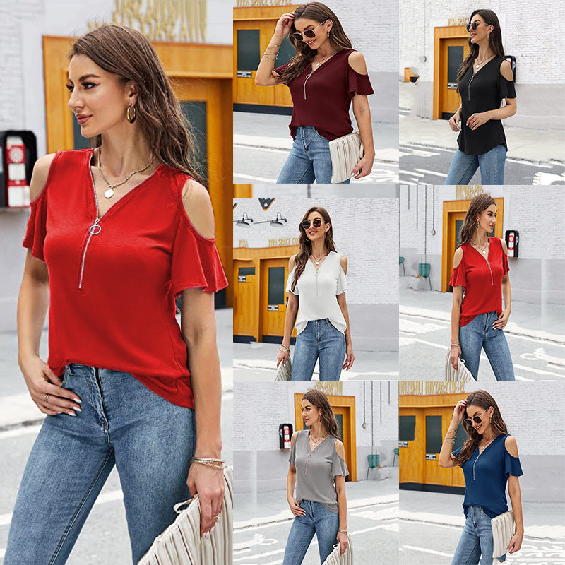Solid Color Zipper Pleated Loose Casual Fashion V-neck Top For Women