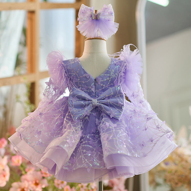 Butterfly Sequined Long Sleeve Princess Dress For Children
