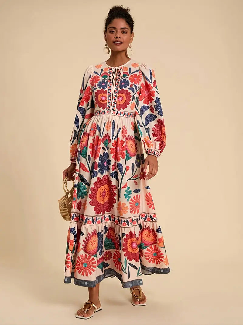 Printed Flared Skirt Long Sleeve Lace Up Casual Dress