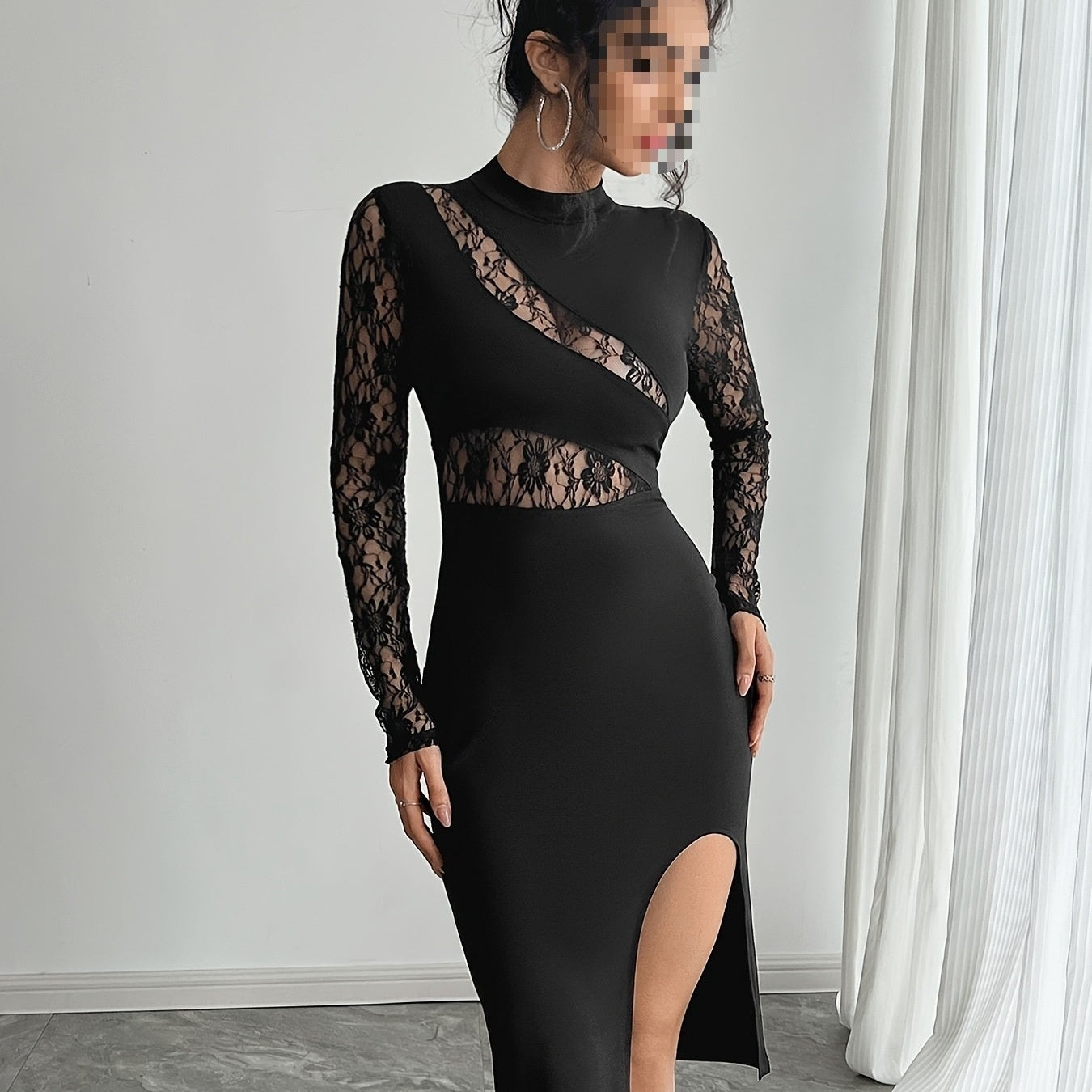 Womens Color-Block Lace Slit Sexy Bodycon Dress