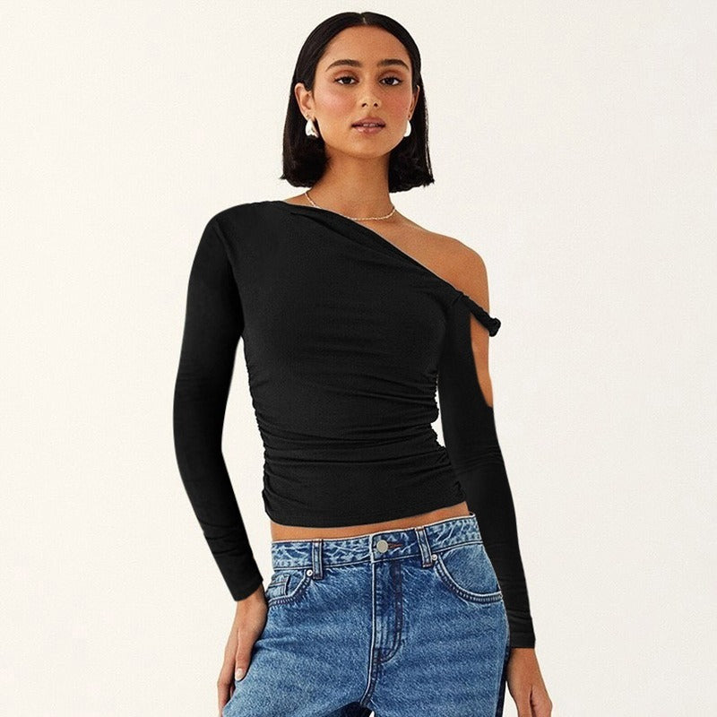 Diagonal Collar Pleated Asymmetric Long-sleeved Top For Women