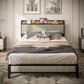 Queen Size Bed Frame With Charging Station, Upholstered Headboard, Metal Platform, Grey