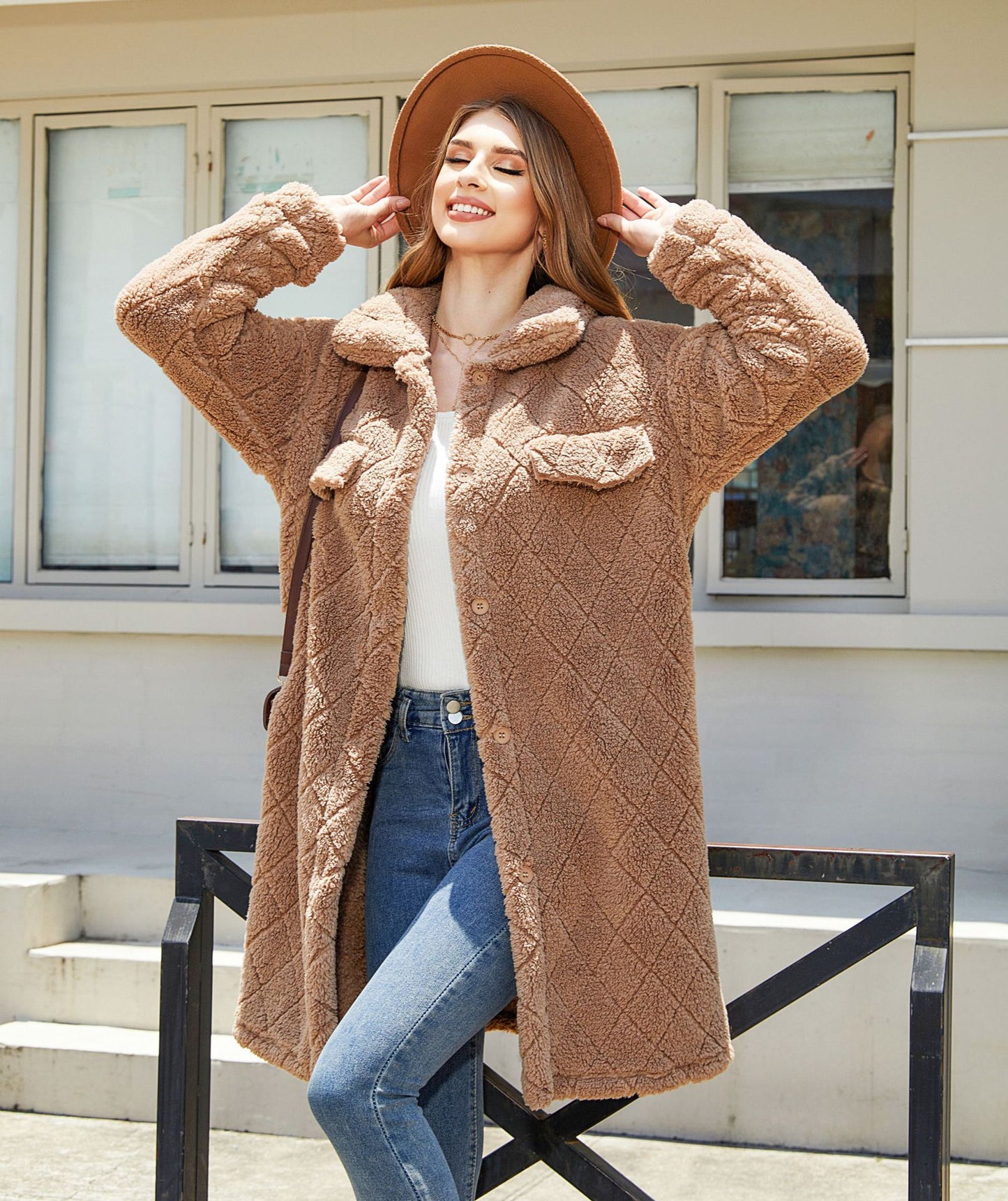 Women's Plush Loose Single-breasted Diamond Coat Overcoat