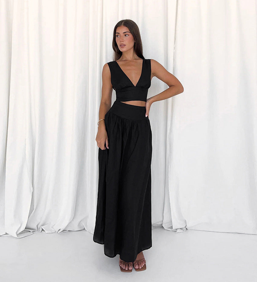 Ensemble deux pièces pour femme, robe trapèze taille haute avec gilet