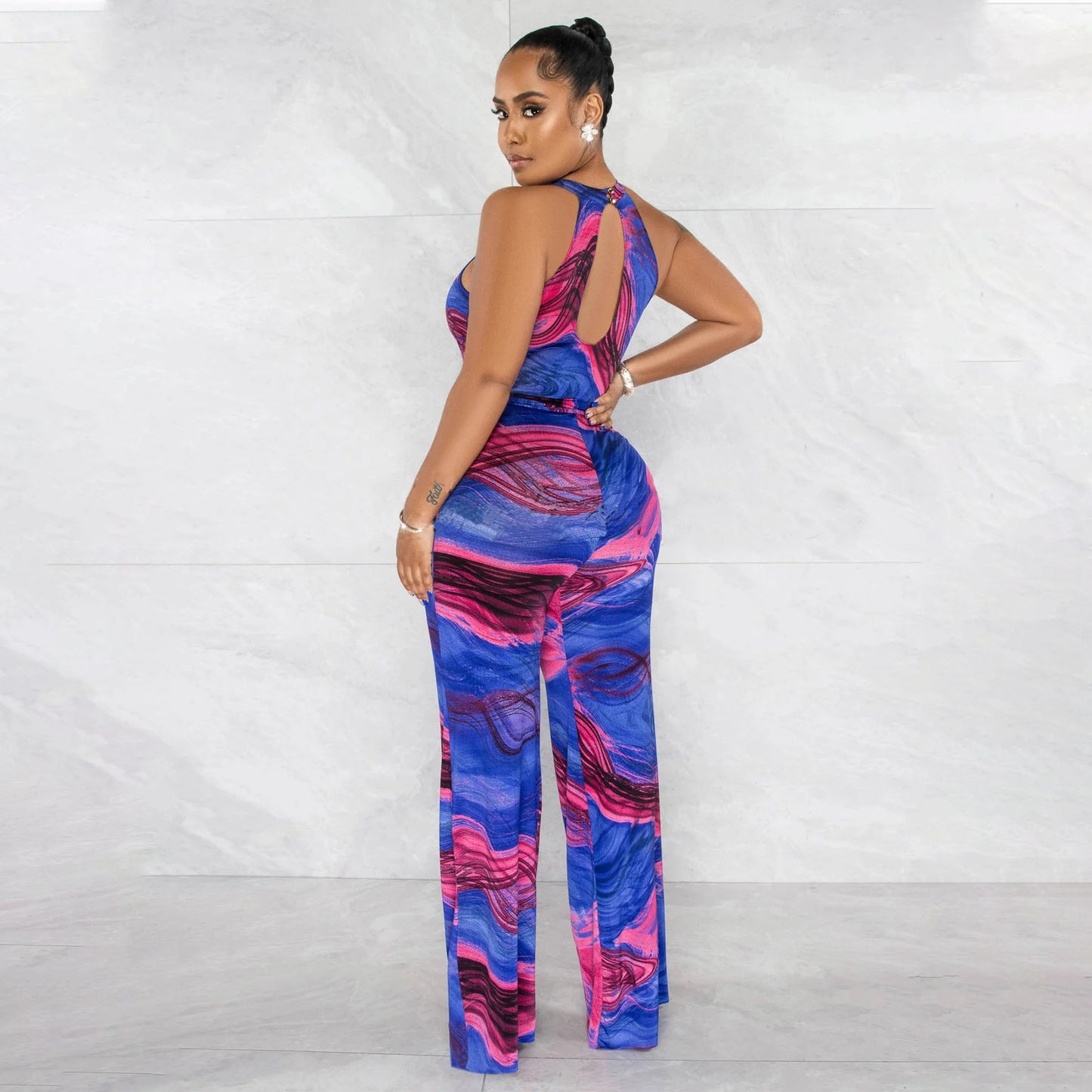 Women's Printed Sleeveless Lace-up Jumpsuit Trousers