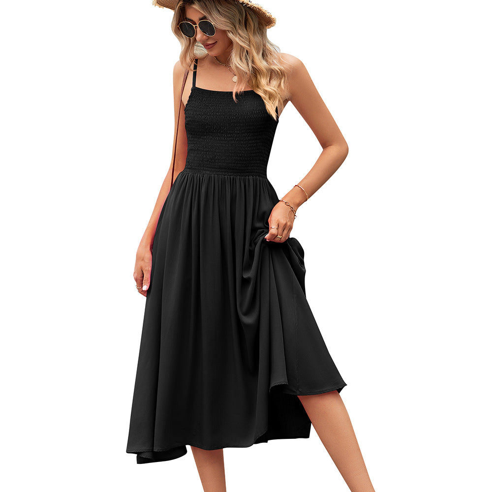 Women's Square Collar Pleating Bohemian Strap Dress