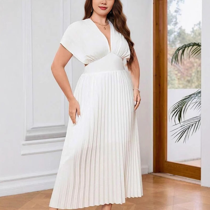 V-neck Bat Sleeve Slim-fit Pleated A- Line Dress