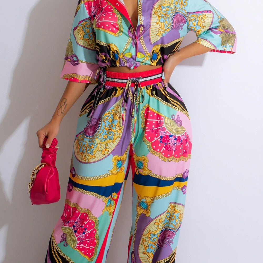 Costume à manches courtes imprimé à motif éventail