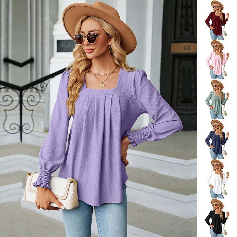 T-shirt jacquard plissé à col carré, couleur unie, manches longues, tendance, vêtements pour femmes