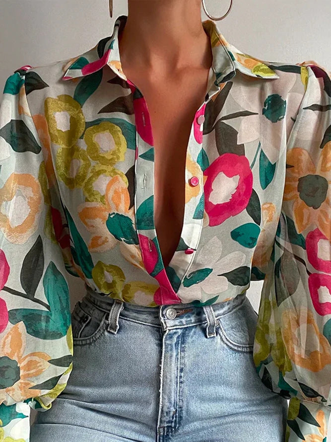 Chemise d'été à manches lanternes imprimées