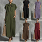 V-neck Lace-up Short-sleeve Solid-color Loose Casual Dress