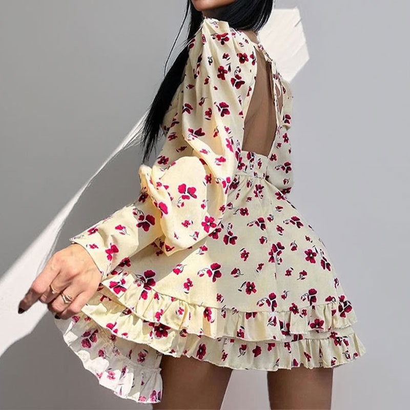 Women's Printed Puff Sleeve Waist Cinching Dress